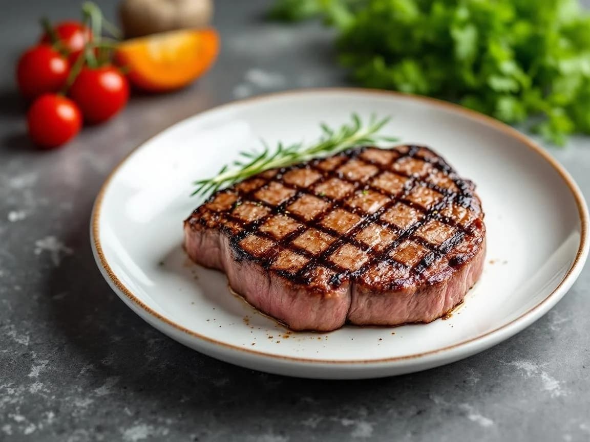 Beef, ribeye steak, cooked, grilled