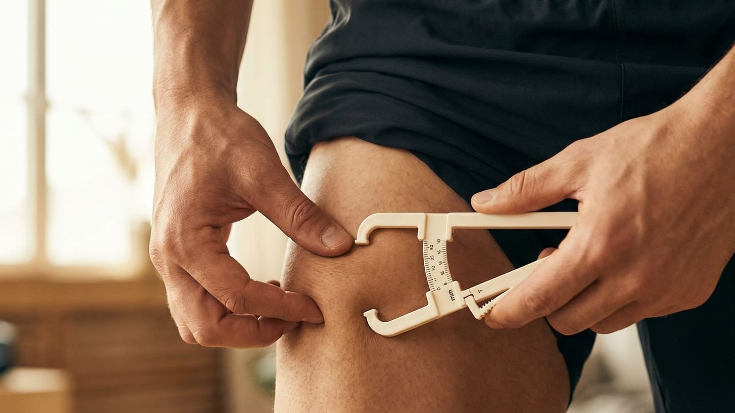 Крупен план на правилната техника за щипване с калипер: два пръста хващат кожна гънка, а челюстите на калипера са поставени 1 см по-долу