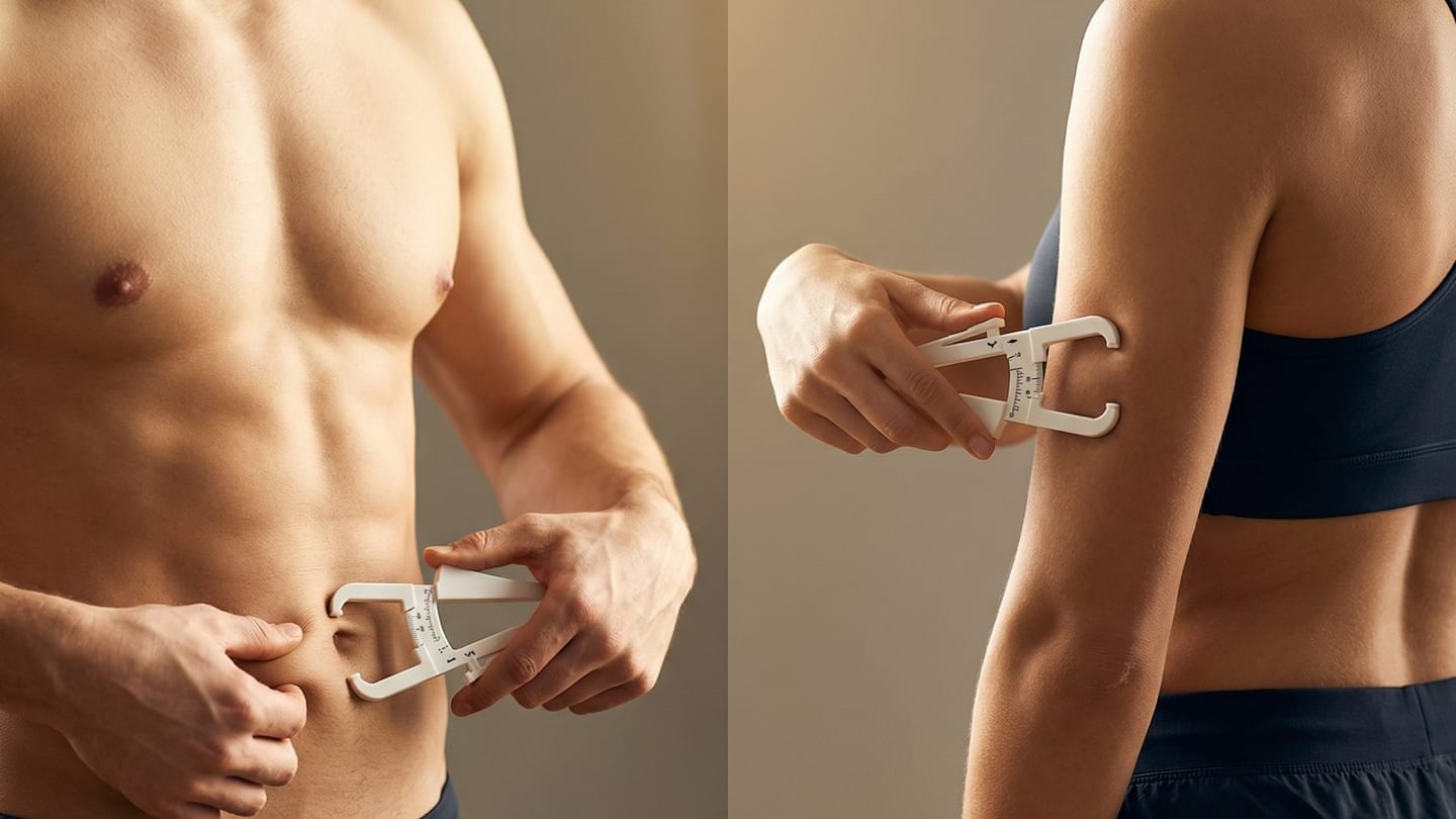 Мъж и жена демонстрират точките за измерване на кожни гънки по Jackson-Pollock: корем при мъже, трицепс при жени