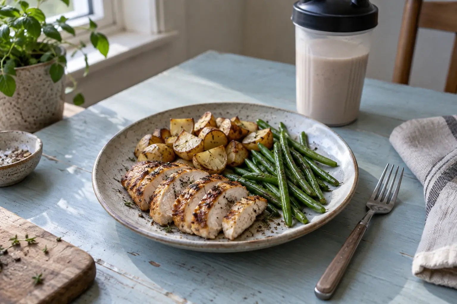 Chicken, potatoes and green beans on a plate beside a shaker.