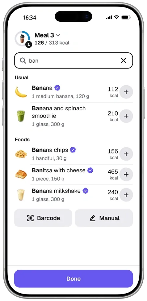 Calibr8 food search for “ban”: your usual foods first, banana and a banana and spinach smoothie, then banana chips, banitsa with cheese and a banana milkshake, each with its usual portion and calories. Checked foods carry a badge.