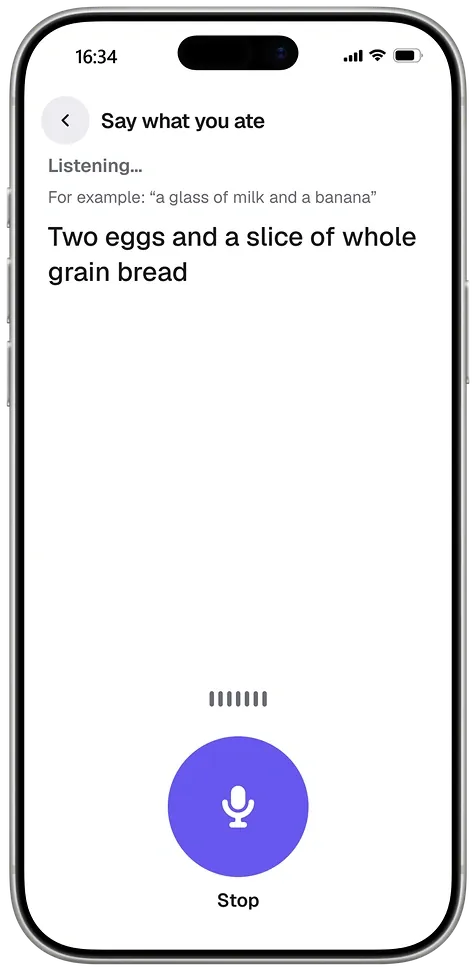 Calibr8 listening to a spoken meal: “Two eggs and a slice of whole grain bread”, with a microphone button to stop.